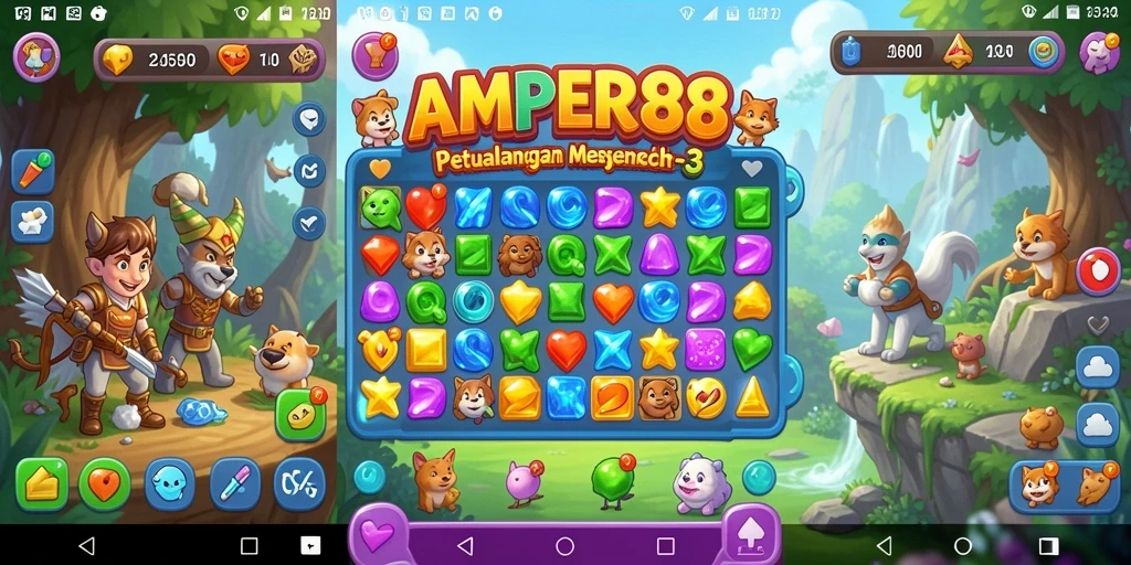 Tangkapan layar gameplay <strong>AMPER88</strong> yang penuh warna dan menarik dalam permainan Match-3.