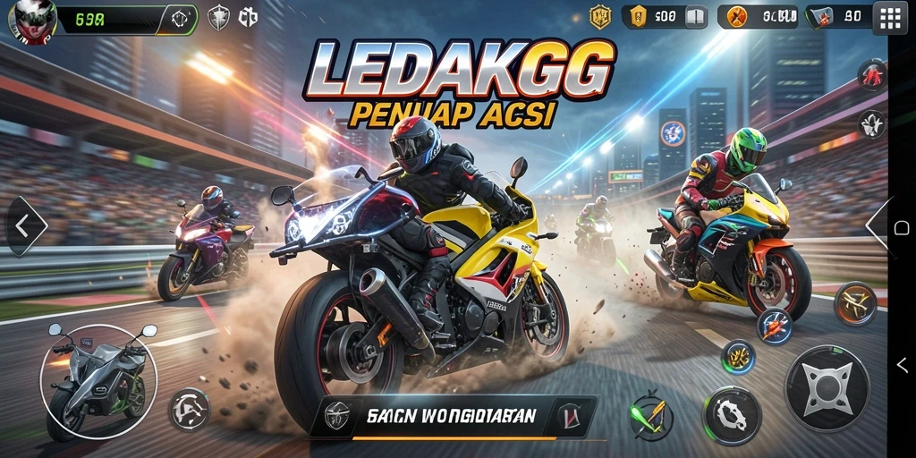 Tampilan permainan <strong>LEDAKGG</strong> yang mendebarkan dengan balapan motor yang seru.