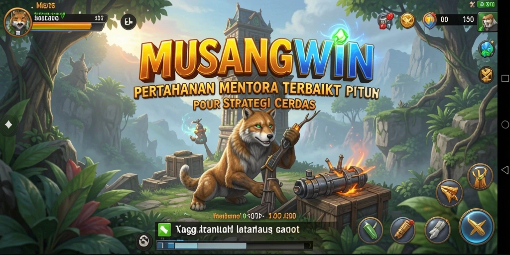 Tangkapan layar gameplay MUSANGWIN menampilkan serangan menara melawan musuh.