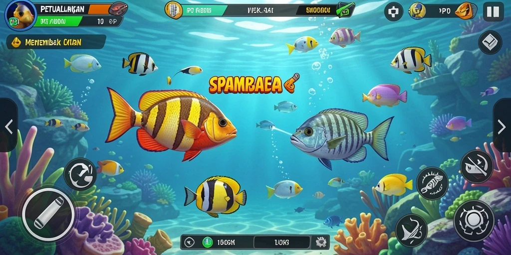 Screenshot gameplay PP7 yang menampilkan aksi menembak ikan yang seru.